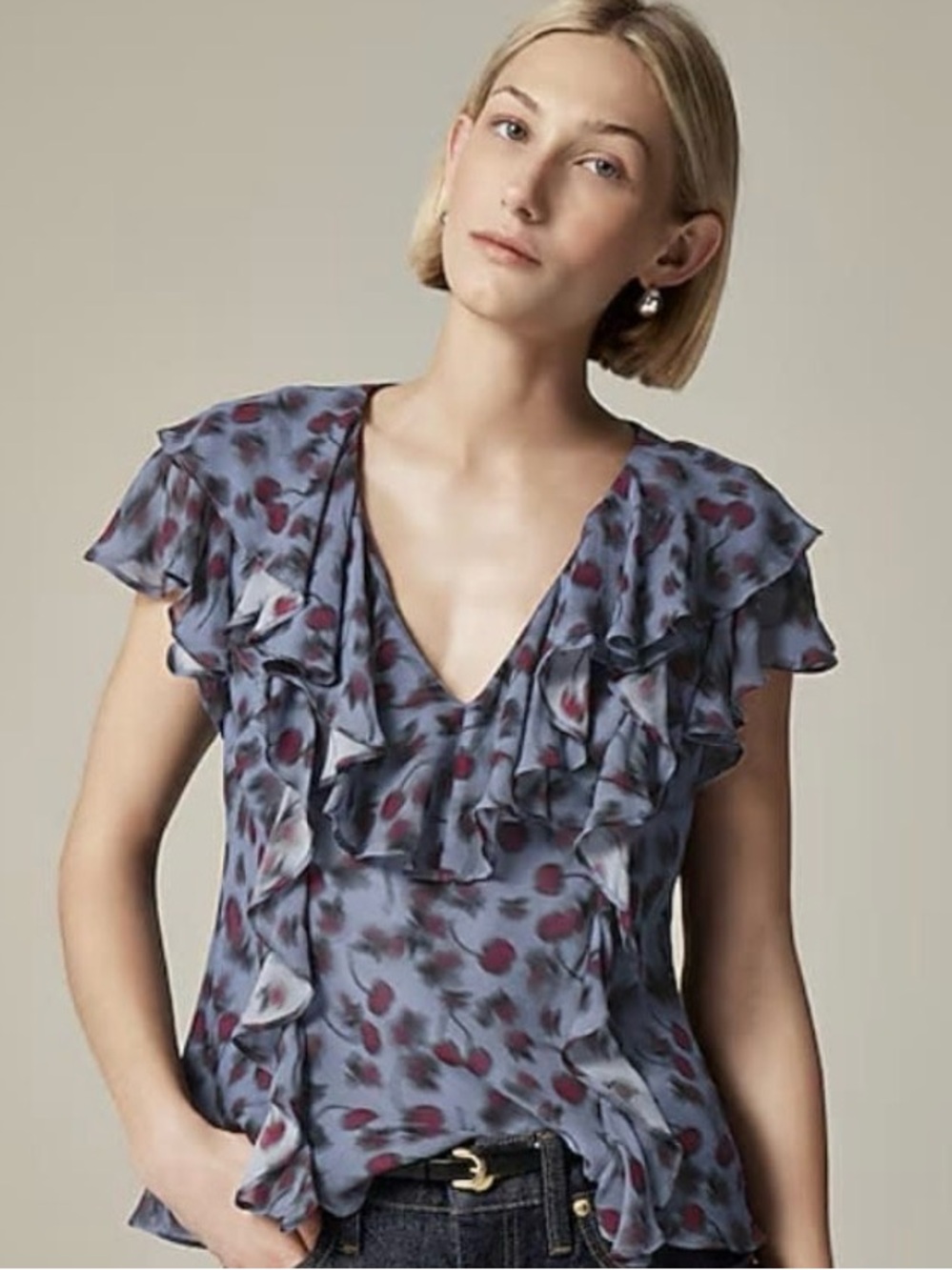 J. CREW Ruffle Chiffon Top V-Neck S-Sleeve Blue Abstract Red Cherries Print XL